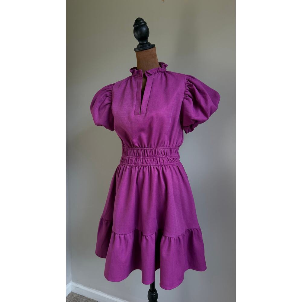 Entro Women’s Purple Puff Sleeve Smocked Mini Dress Size S Tiered V-Neck - Picture 6 of 11